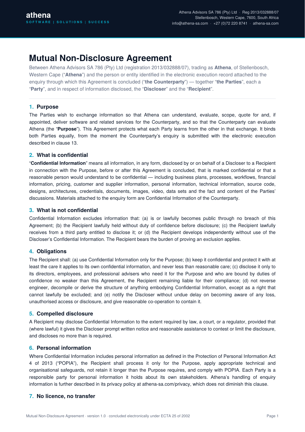 Mutual non-disclosure agreement, page 1 of 3