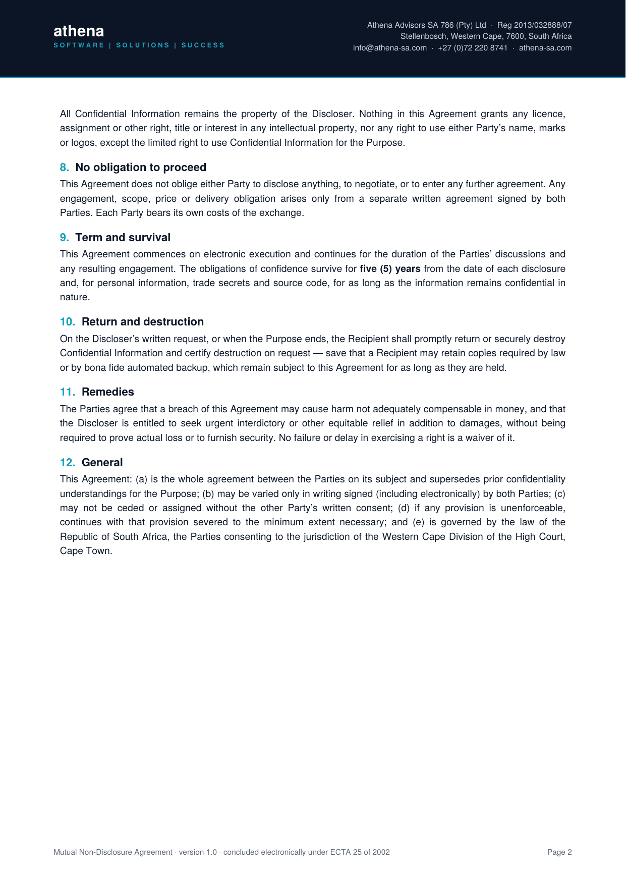 Mutual non-disclosure agreement, page 2 of 3