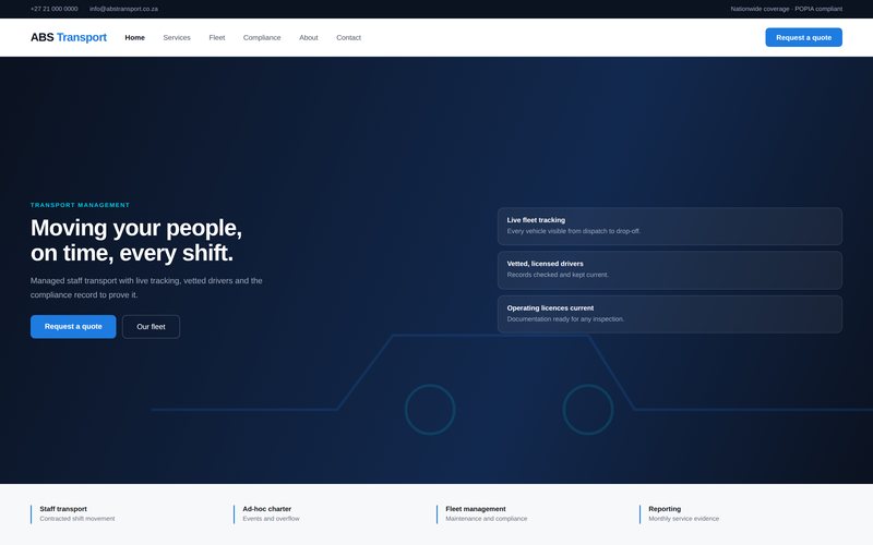 ABS Transport interface — a corporate site that reads as seriously as the operation behind it