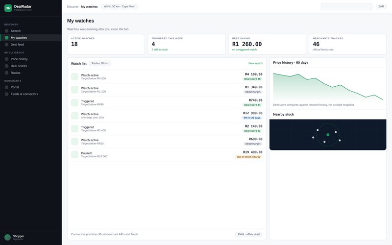 DealRadar interface — a personal shopping radar — watches that keep working after you close the tab