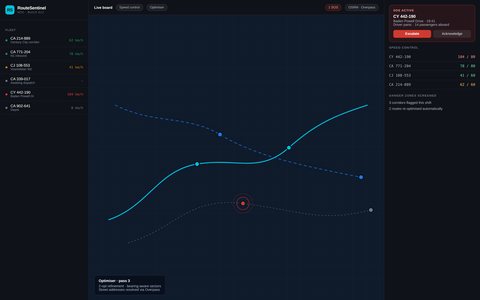 RouteSentinel interface — a three-pane fleet noc console that runs from a single file