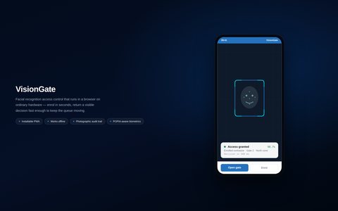 VisionGate interface — facial recognition access control that runs in a browser