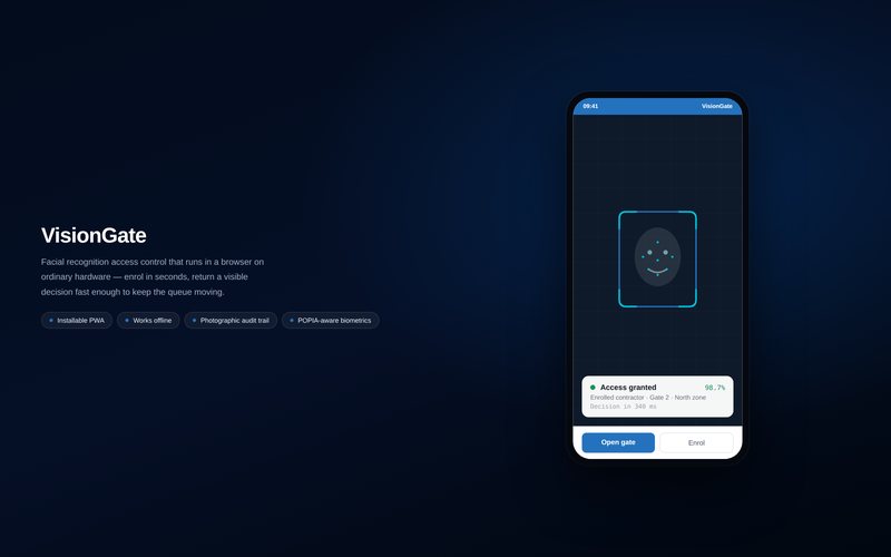 VisionGate interface — facial recognition access control that runs in a browser